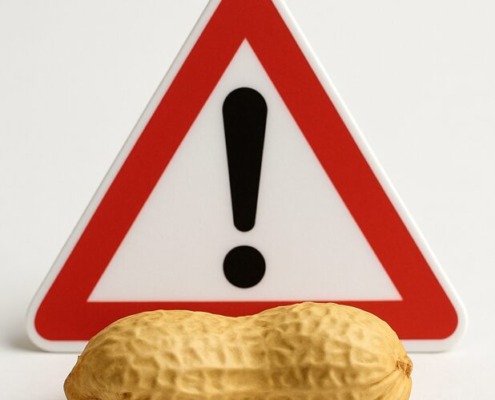 Ungeschälte Erdnuss vor rotem Warnschild mit Ausrufezeichen als Symbol für Allergie- und Aflatoxin-Gefahr
