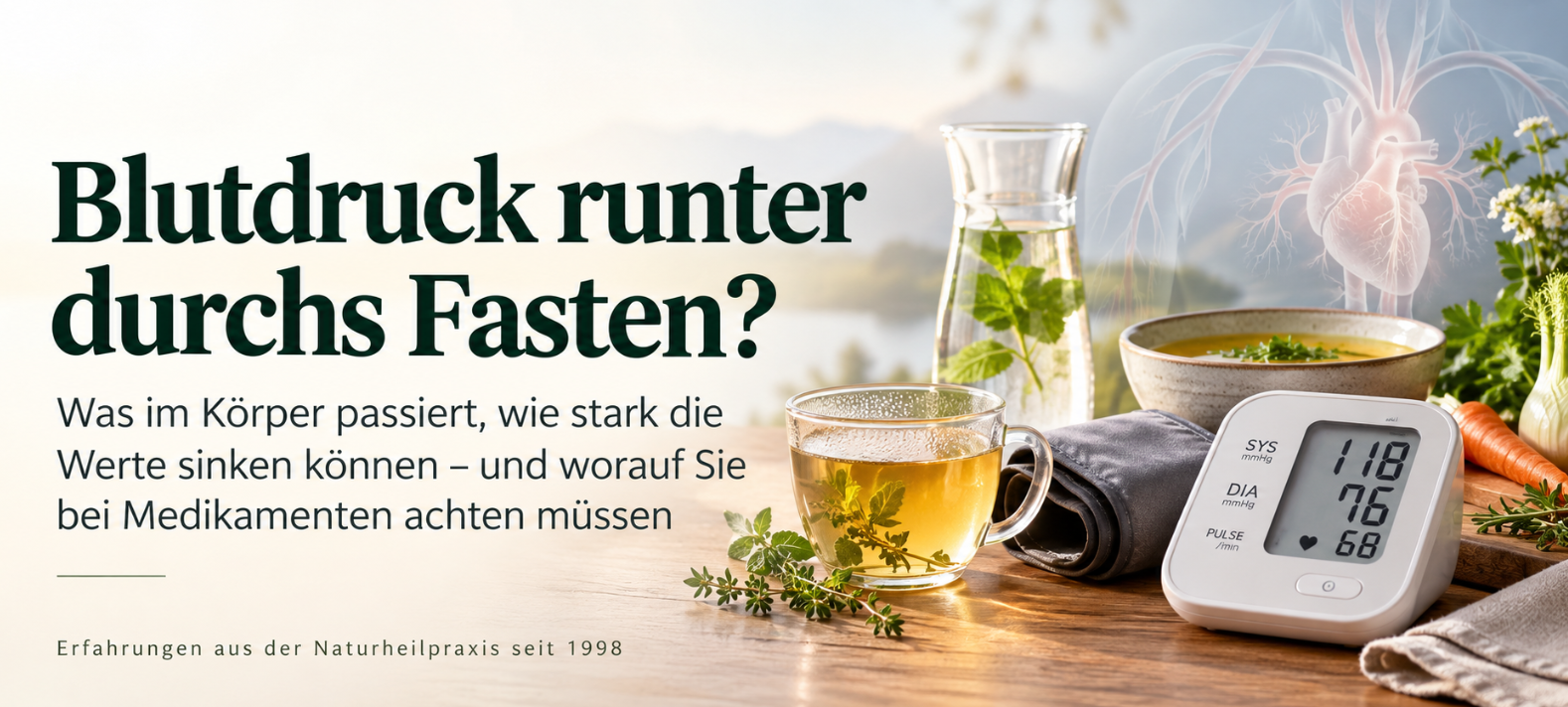 Heilfasten bei Bluthochdruck mit Blutdruckmessgerät, Fastentee und Gemüsebrühe – Blutdruck natürlich senken und Medikamente beachten