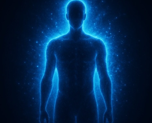 Menschliche Silhouette in blauer Lichtaura vor dunklem Hintergrund, symbolisiert Biophotonenstrahlung und vitale Energie des Körpers.