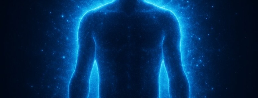 Menschliche Silhouette in blauer Lichtaura vor dunklem Hintergrund, symbolisiert Biophotonenstrahlung und vitale Energie des Körpers.