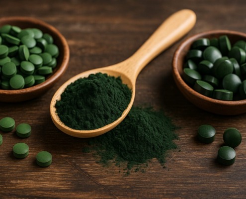 Holztisch mit zwei Schalen Spirulina- und Chlorella-Tabletten sowie einem Holzlöffel voller Spirulina-Pulver
