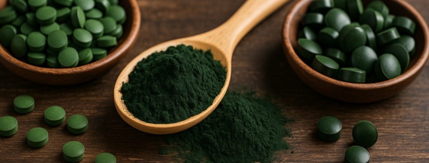 Holztisch mit zwei Schalen Spirulina- und Chlorella-Tabletten sowie einem Holzlöffel voller Spirulina-Pulver