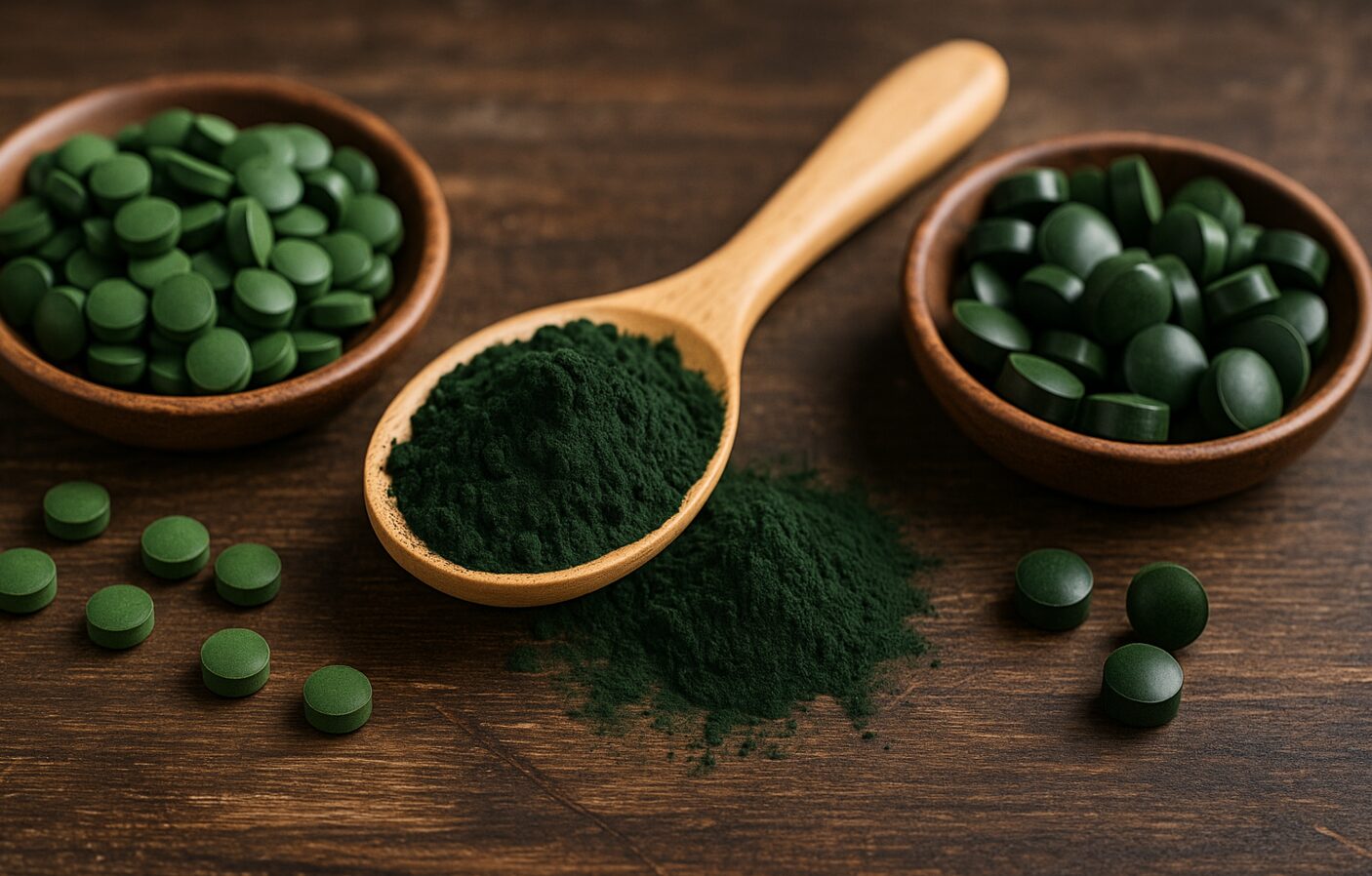 Holztisch mit zwei Schalen Spirulina- und Chlorella-Tabletten sowie einem Holzlöffel voller Spirulina-Pulver