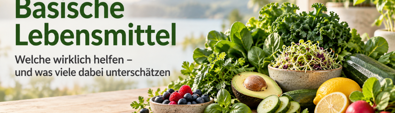 Basische Lebensmittel: grünem Gemüse, Avocado, Beeren, Gurke, Zitrone und Radieschen auf einem Holztisch.