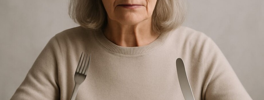 Ältere Frau beim Fasten, sitzt mit geschlossenen Augen und Besteck vor leerem Teller – Symbolbild für bewusste Ernährung im Alter.
