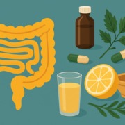 Illustration eines Darms mit natürlichen Heilmitteln wie Kräutern und Zitrone – Symbol für Fruktoseintoleranz und naturheilkundliche Darmtherapie