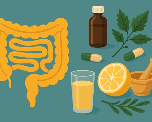 Illustration eines Darms mit natürlichen Heilmitteln wie Kräutern und Zitrone – Symbol für Fruktoseintoleranz und naturheilkundliche Darmtherapie