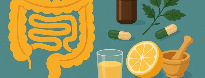 Illustration eines Darms mit natürlichen Heilmitteln wie Kräutern und Zitrone – Symbol für Fruktoseintoleranz und naturheilkundliche Darmtherapie