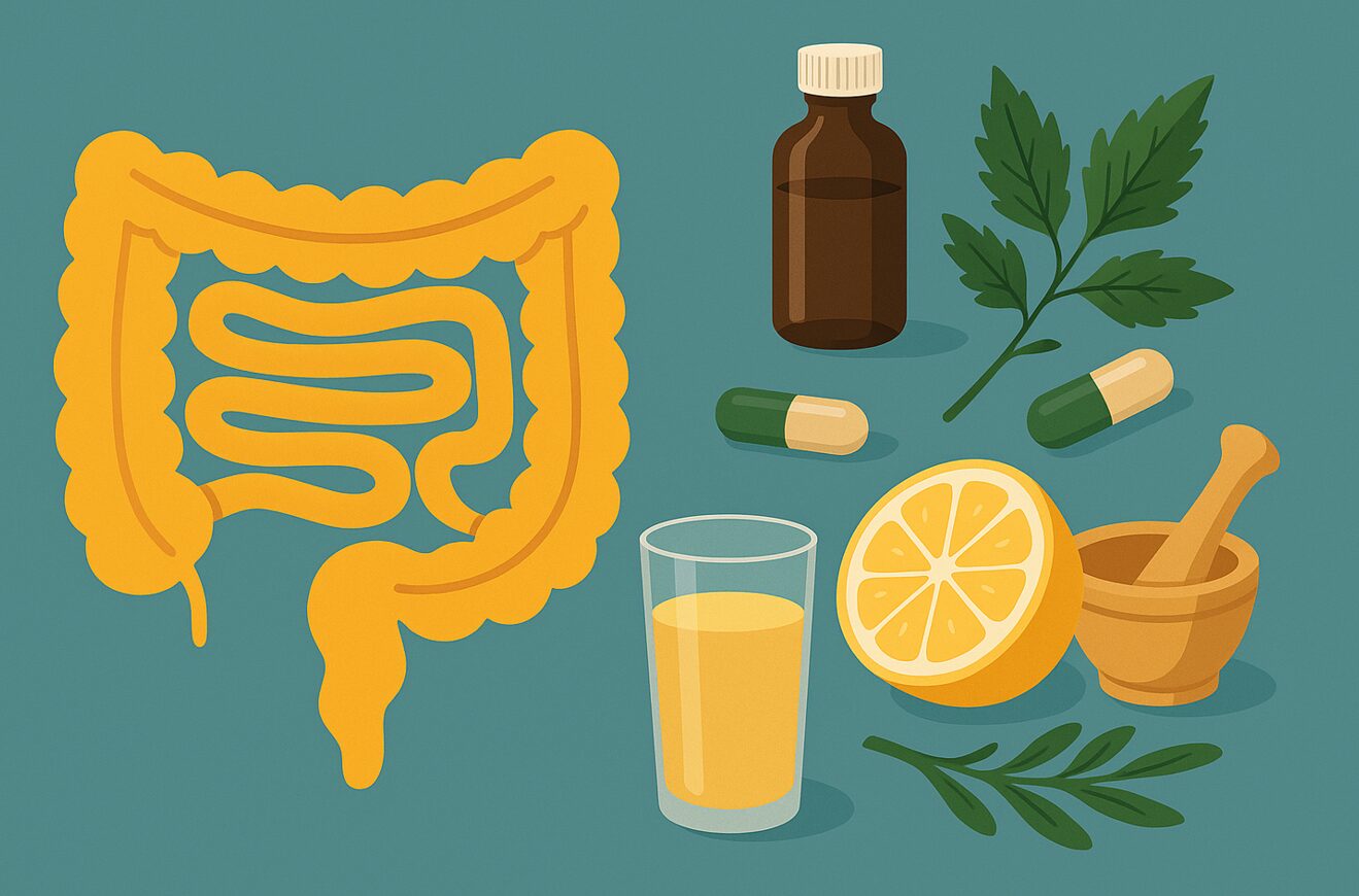 Illustration eines Darms mit natürlichen Heilmitteln wie Kräutern und Zitrone – Symbol für Fruktoseintoleranz und naturheilkundliche Darmtherapie