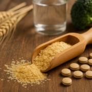 Bierhefeflocken im Holzlöffel mit Bierhefe-Tabletten, Weizenähren, Glas Wasser, Brokkoli und Karotte auf Holztisch
