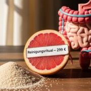 Grapefruit mit Preisschild „Reinigungsritual – 299 €“ neben Flohsamenschalen und Modell eines menschlichen Darms auf Holztisch