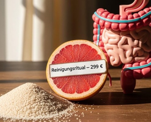 Grapefruit mit Preisschild „Reinigungsritual – 299 €“ neben Flohsamenschalen und Modell eines menschlichen Darms auf Holztisch