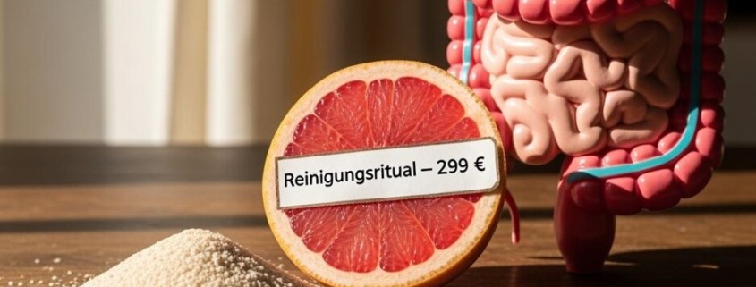 Grapefruit mit Preisschild „Reinigungsritual – 299 €“ neben Flohsamenschalen und Modell eines menschlichen Darms auf Holztisch