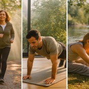 Collage aus drei Szenen: eine Frau joggt durch den Wald, ein Mann macht Krafttraining im Sonnenlicht, eine Frau dehnt sich am See – Symbol für Ausdauer, Kraft und Beweglichkeit beim Fasten.