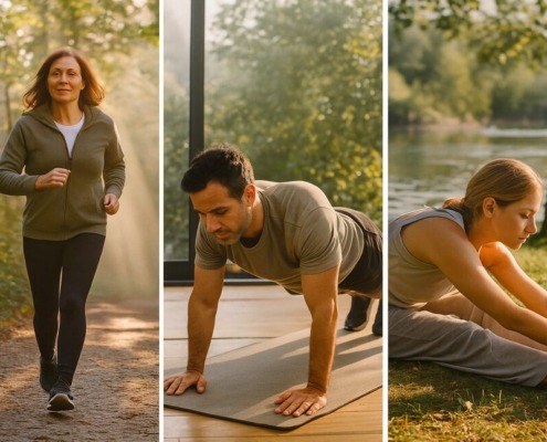 Collage aus drei Szenen: eine Frau joggt durch den Wald, ein Mann macht Krafttraining im Sonnenlicht, eine Frau dehnt sich am See – Symbol für Ausdauer, Kraft und Beweglichkeit beim Fasten.
