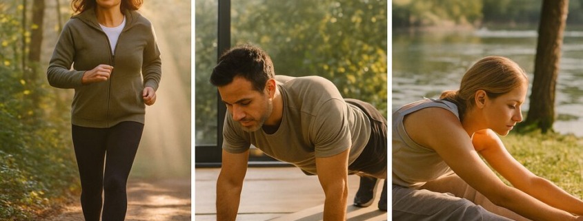 Collage aus drei Szenen: eine Frau joggt durch den Wald, ein Mann macht Krafttraining im Sonnenlicht, eine Frau dehnt sich am See – Symbol für Ausdauer, Kraft und Beweglichkeit beim Fasten.