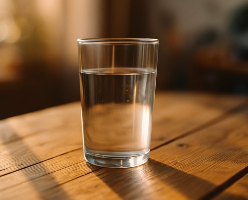 Ein Glas Wasser auf einem Holztisch im warmen Morgenlicht – Symbol für Klarheit, Einfachheit und innere Ordnung beim Fasten.