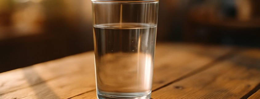 Ein Glas Wasser auf einem Holztisch im warmen Morgenlicht – Symbol für Klarheit, Einfachheit und innere Ordnung beim Fasten.