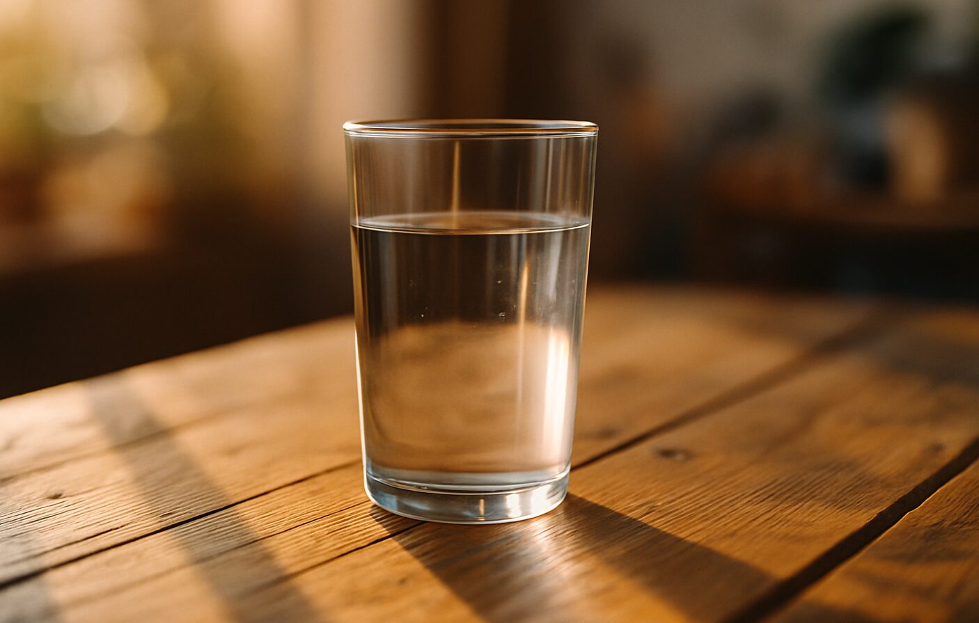 Ein Glas Wasser auf einem Holztisch im warmen Morgenlicht – Symbol für Klarheit, Einfachheit und innere Ordnung beim Fasten.