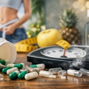 Leere Abnehmkapseln neben Personenwaage und Maßband als Symbol für wirkungslose Schlankheitsmittel und Marketingversprechen