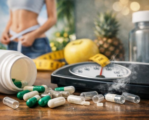 Leere Abnehmkapseln neben Personenwaage und Maßband als Symbol für wirkungslose Schlankheitsmittel und Marketingversprechen