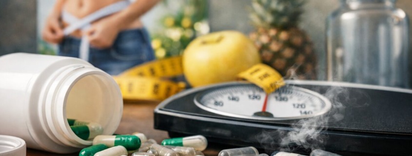 Leere Abnehmkapseln neben Personenwaage und Maßband als Symbol für wirkungslose Schlankheitsmittel und Marketingversprechen