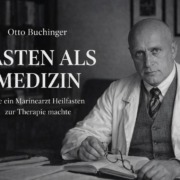 otto-buchinger-fastenarzt Schwarzweiß-Porträt von Otto Buchinger mittels KI erstellt. Buchinger sitzt hier am Schreibtisch mit Brille und Notizbuch, Titel „Fasten als Medizin“ im Bild