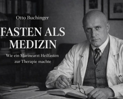 Schwarzweiß-Porträt von Otto Buchinger mittels KI erstellt. Buchinger sitzt hier am Schreibtisch mit Brille und Notizbuch, Titel „Fasten als Medizin“ im Bild