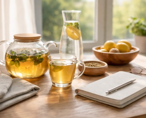 Heilfasten Beitragsbild mit Kräutertee, Zitronenwasser und Notizbuch auf Holztisch im Morgenlicht – Ruhe und Klarheit beim Fasten.