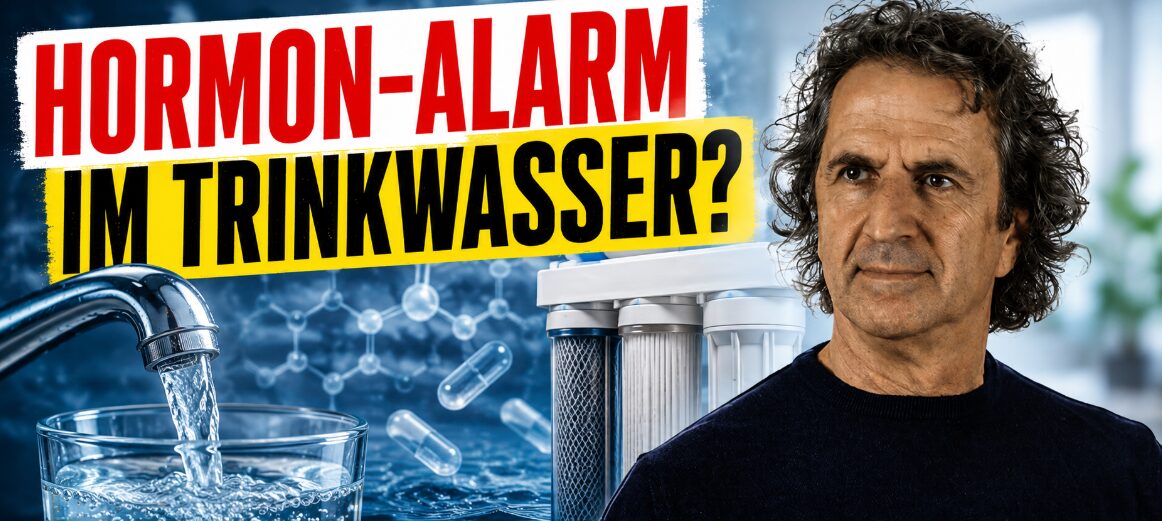 René Gräber vor Wasserhahn, Trinkglas und Wasserfilter mit der Schlagzeile „Hormon-Alarm im Trinkwasser?“ zum Thema Hormone und Rückstände im Leitungswasser.