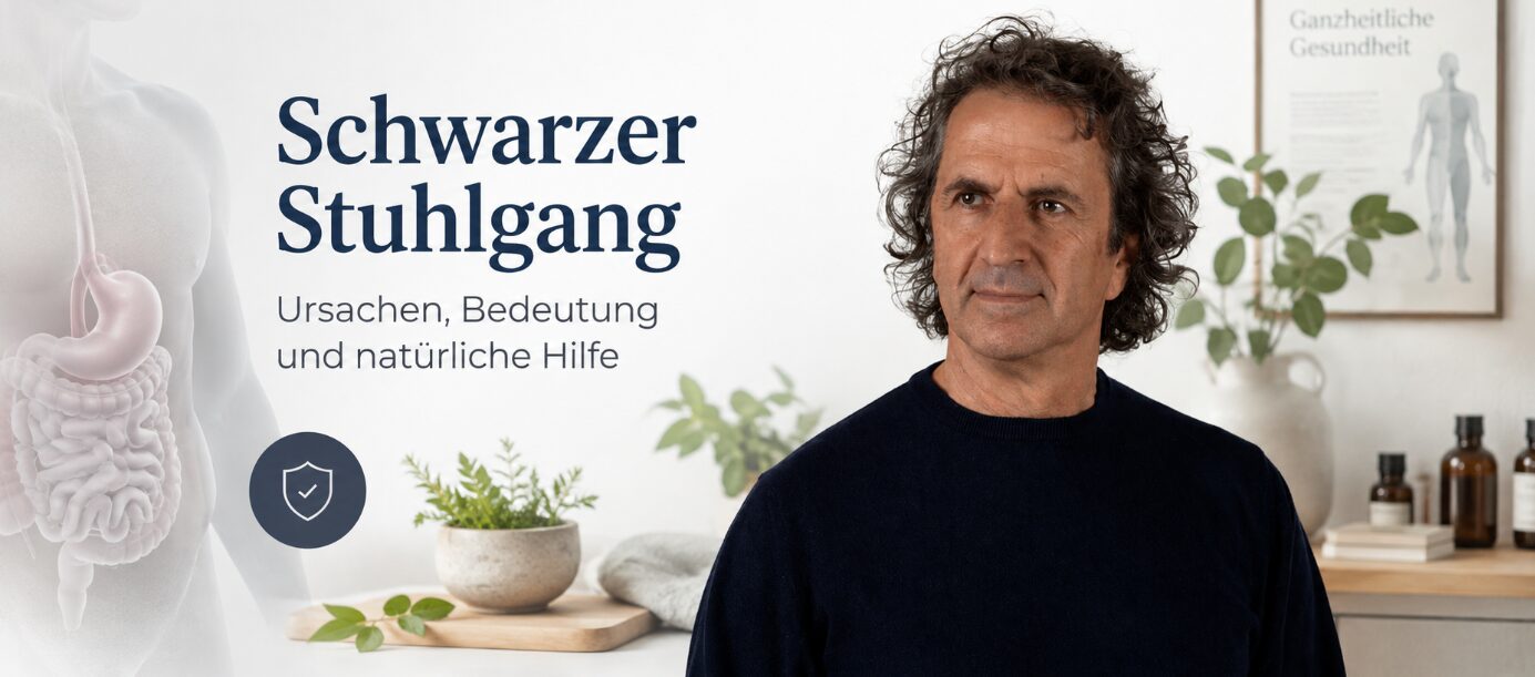 René Gräber vor einer medizinischen Illustration des Verdauungstrakts zum Thema schwarzer Stuhlgang, Ursachen und natürliche Hilfe